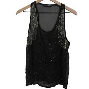 Atmosphere Womens Sz S Black Sequined Sheer Sleeveless Top Y2K Style Floral Bead